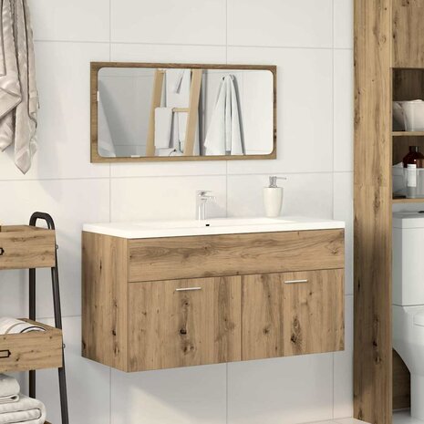 Badkamerkast met spiegel bewerkt hout artisanaal eikenkleurig 3