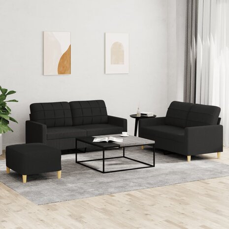 3-delige loungeset met kussens stof zwart 1