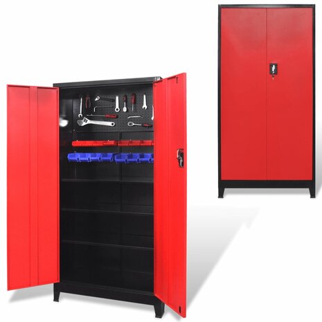 Gereedschapskast met 2 deuren 90x40x180 cm staal zwart en rood 1