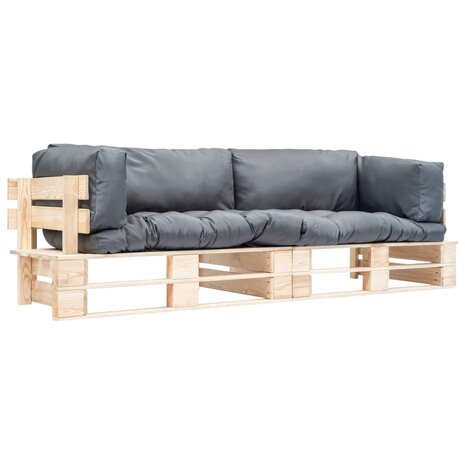 2-delige Tuinbankenset pallet met grijze kussens grenenhout 1