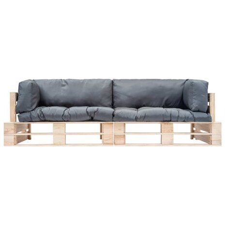 2-delige Tuinbankenset pallet met grijze kussens grenenhout 2