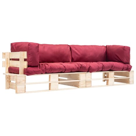 2-delige Tuinbankenset pallet met rode kussens grenenhout 1