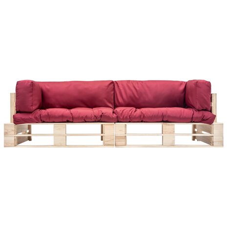 2-delige Tuinbankenset pallet met rode kussens grenenhout 2