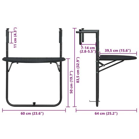Balkontafel hangend 60x64x83,5 cm rattan-look kunststof zwart 9