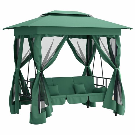 Tuinpaviljoen met schommelbank converteerbaar stof staal groen 2