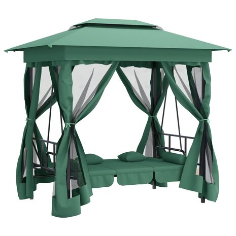 Tuinpaviljoen met schommelbank converteerbaar stof staal groen 6