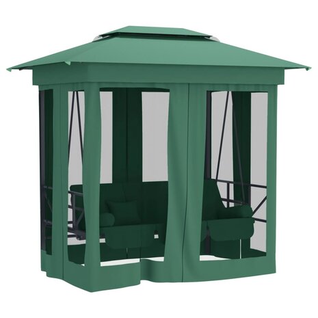Tuinpaviljoen met schommelbank converteerbaar stof staal groen 7