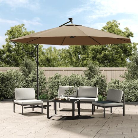 Zweefparasol met LED-verlichting en metalen paal 350 cm taupe 1