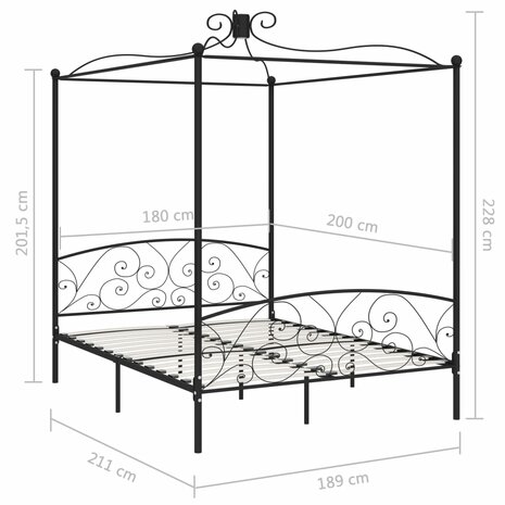 Hemelbedframe metaal zwart 180x200 cm 5