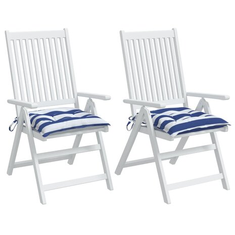 Stoelkussens 2 st gestreept 40x40x7 cm stof wit en blauw 4