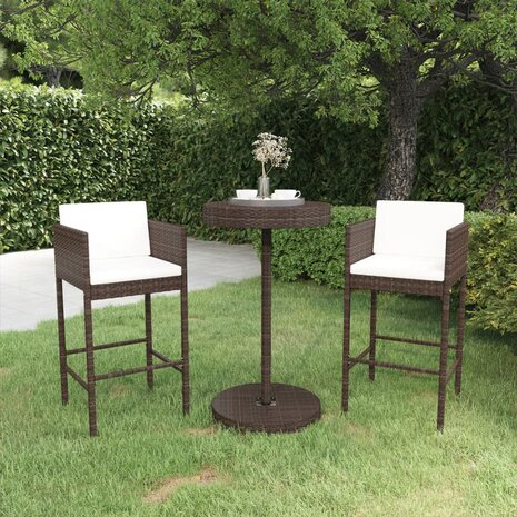 3-delige Tuinbarset met kussens poly rattan bruin 1