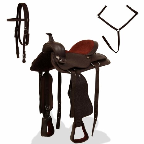 Western zadel, hoofdstel en borstriem 15" echt leer bruin 2