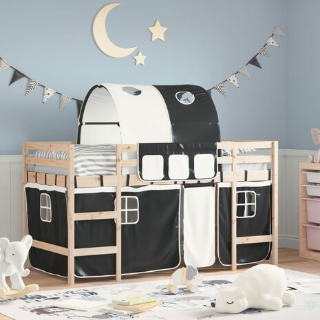 Kinderhoogslaper met tunnel 90x200 cm grenenhout wit en zwart 1