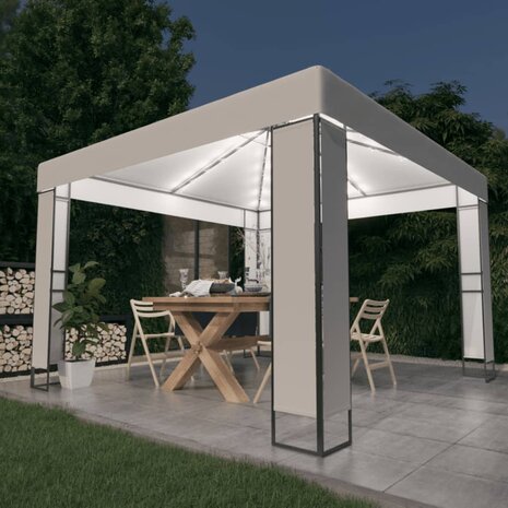 Prieel met dubbel dak en LED-lichtslinger 3x3 m wit 1