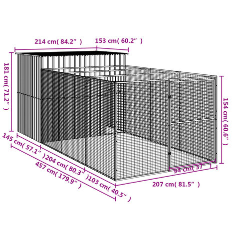 Hondenhok met ren 214x457x181 cm gegalvaniseerd staal antraciet 9
