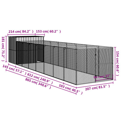 Hondenhok met ren 214x865x181 cm gegalvaniseerd staal antraciet 9