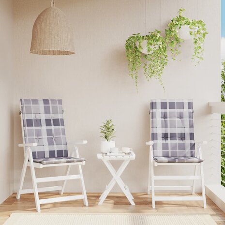 Tuinstoelkussens 2 st hoge rug ruitpatroon 120x50x3 cm grijs 1