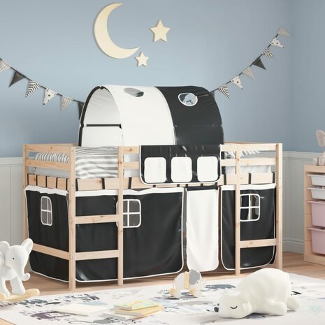 Kinderhoogslaper met tunnel 90x190 cm grenenhout wit en zwart 1