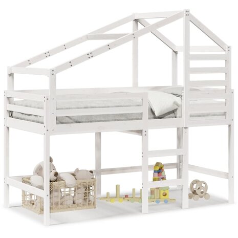 Halfhoogslaper met ladder en bedhuis grenenhout wit 90x200 cm 2