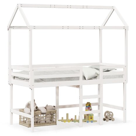 Halfhoogslaper met ladder en bedhuis grenenhout wit 90x200 cm 2