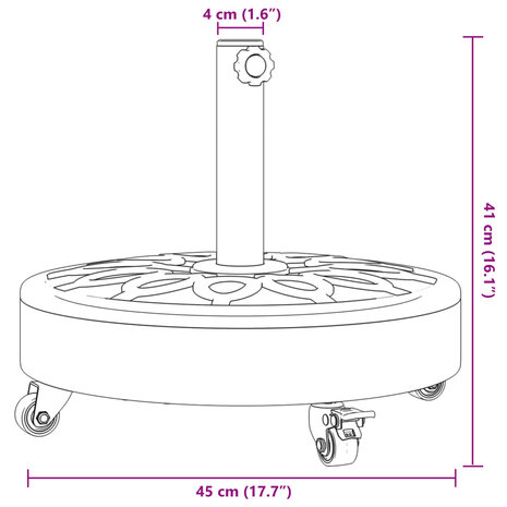 Parasolvoet met wielen voor stok van Ø38 / 48 mm 27 kg rond 8