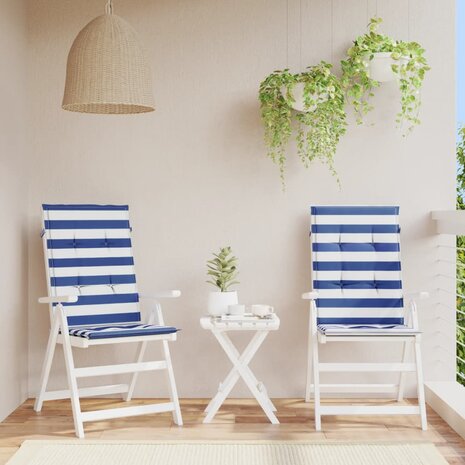 Stoelkussens 2 st hoge rug gestreepte stof wit en blauw 1