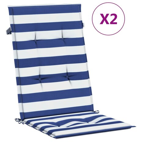 Stoelkussens 2 st hoge rug gestreepte stof wit en blauw 2