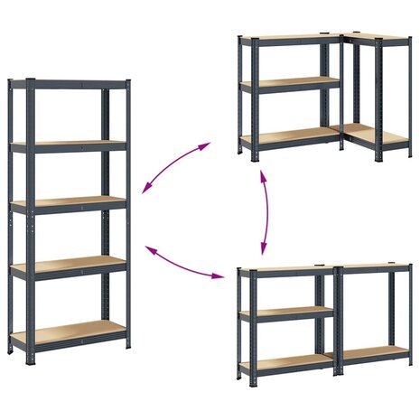 5 Laags Opbergrek 2 stuks antracietkleurig staal & bewerkt hout 7
