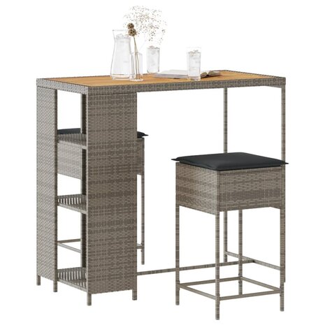 3-delige Tuinbarset met kussens poly rattan grijs 1