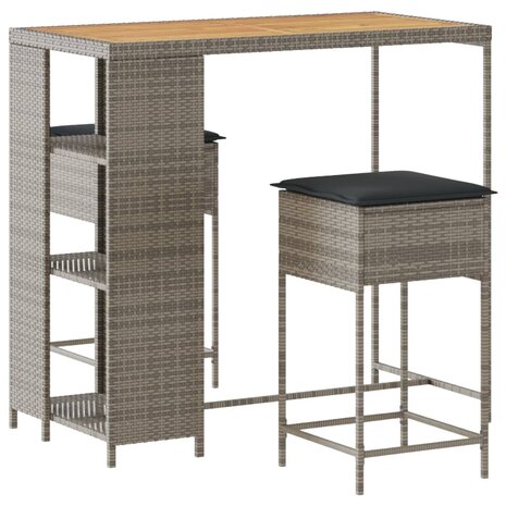 3-delige Tuinbarset met kussens poly rattan grijs 2