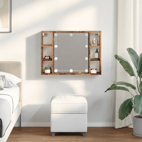 Spiegelkast met LED 76x15x55 cm bewerkt hout oud houtkleurig 3