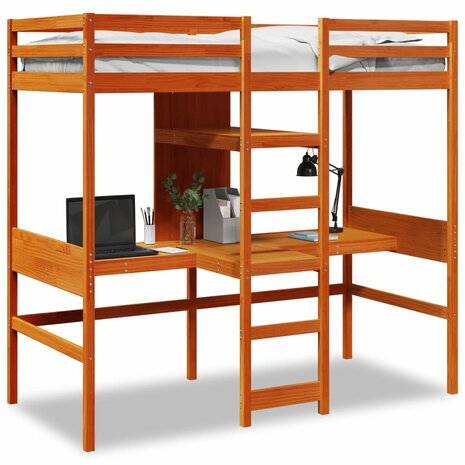 Hoogslaper met bureau en schappen grenenhout wasbruin 90x200cm 1