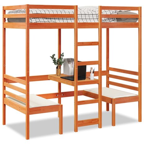 Hoogslaper met bureau en stoelen grenenhout wasbruin 75x190 cm 1