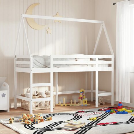 Halfhoogslaper met ladder en bedhuis grenenhout wit 90x200 cm 1