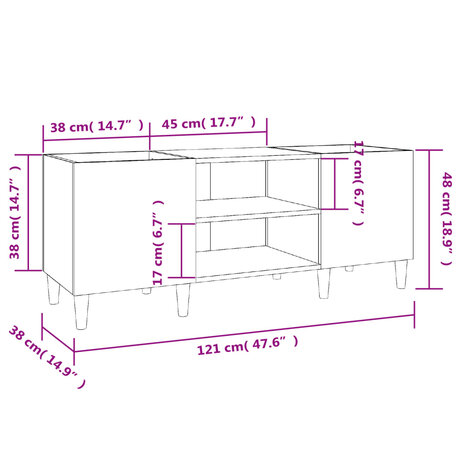 Platenkast 121x38x48 cm bewerkt hout grijs sonoma eikenkleurig 8