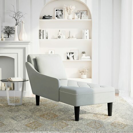 Chaise longue met kussen & rechterarmleuning fluweel lichtgrijs 2
