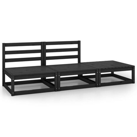 3-delige Loungeset massief grenenhout zwart 1