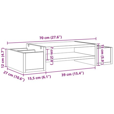 Monitorstandaard met opbergruimte 70x27x15 cm hout betongrijs 9