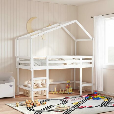 Halfhoogslaper met ladder en bedhuis grenenhout wit 90x200 cm 1