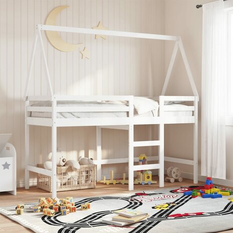 Halfhoogslaper met ladder en bedhuis grenenhout wit 90x190 cm 1