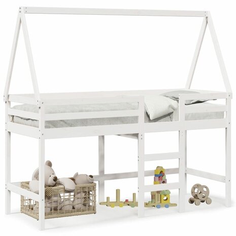 Halfhoogslaper met ladder en bedhuis grenenhout wit 90x190 cm 2
