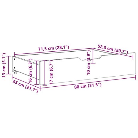 Bedlades 2 st met wieltjes 80x55x17 cm massief grenenhout 8