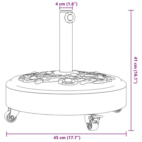 Parasolvoet met wielen voor stok van Ø38 / 48 mm 27 kg rond 8