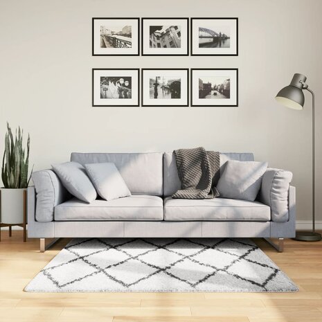 Vloerkleed PAMPLONA shaggy hoogpolig 120x120 cm crème en zwart 1