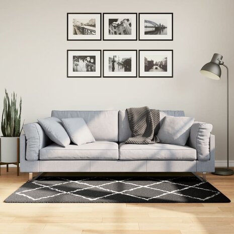 Vloerkleed PAMPLONA shaggy hoogpolig 80x150 cm zwart en crème 1