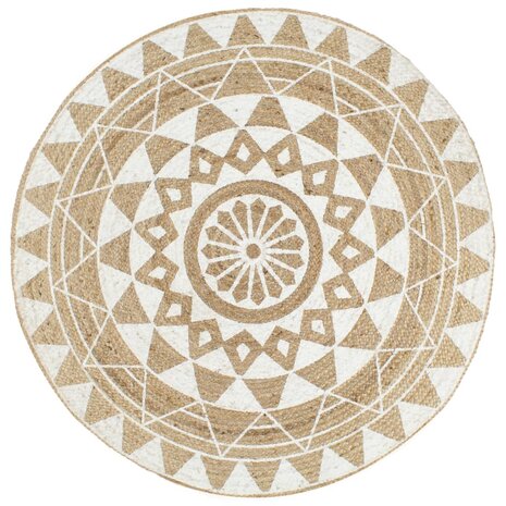 Vloerkleed handgemaakt met witte print 120 cm jute 1
