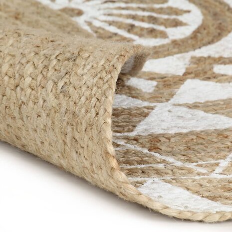 Vloerkleed handgemaakt met witte print 120 cm jute 2