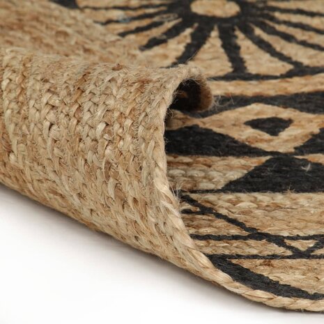 Vloerkleed handgemaakt met zwarte print 120 cm jute 2