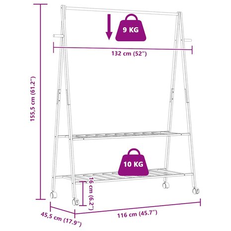 Kledingrek met schappen en wielen 132x45,5x155,5 cm bamboe 9