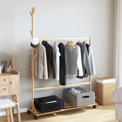 Kledingrek met haken en wielen 100x35x157 cm bamboe 3